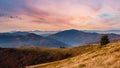 Autumn morning Carpathian mountain hazy landscape. Panorama