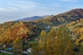 Autumn morning Carpathian Mountains calm picturesque scene, Ukraine. Peaceful traveling, seasonal, nature and countryside beauty