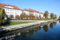Autumn morning city view of old town with old building and blue sky, Ljubljana Royalty Free Stock Photo