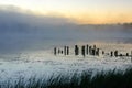 autumn morning by the lake, fog over the surface of the water, a moment before sunrise Royalty Free Stock Photo