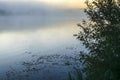 autumn morning by the lake, fog over the surface of the water, a moment before sunrise Royalty Free Stock Photo