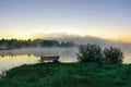 autumn morning by the lake, fog over the surface of the water, a moment before sunrise Royalty Free Stock Photo