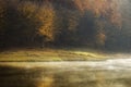 Autumn morning at the lake near a forest with fog