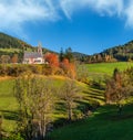 Autumn morning Santa Magdalena famous Italy Dolomites mountain village environs view