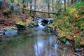 Autumn mountain creek, lakelet and fallen trunk Royalty Free Stock Photo