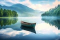 Autumn mountain lake morning summer boat water fog travel nature landscape Royalty Free Stock Photo