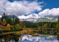 Autumn mountain landscape. Beautiful mountain lake with a reflection of autum park on water and high peaks in the Background.