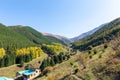 Autumn mountain landscape. House in the mountains. green and yellow trees on the hillside. Forest in the mountains. Kyrgyzstan Royalty Free Stock Photo