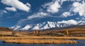 Autumn Mountain Landscape. Snow Mountain Tops With The Blue Cloudy Sky And The Yellow Valley With Larch.