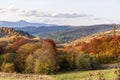 Autumn mountain landscape - yellowed and reddened autumn trees combined with green needles and blue skies. Royalty Free Stock Photo