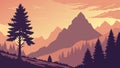 Autumn Mountain Range with Pine Tree and Orange Sky, vector design Generative AI Royalty Free Stock Photo