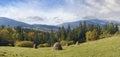 Autumn mountainous green meadow with stack of hay Jasynja village outskirts, Zacarpatsjka Region, Carpathian Mts, Ukraine Royalty Free Stock Photo