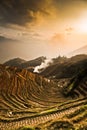 Autumn in the mountains of China. Misty autumn landscape with ri