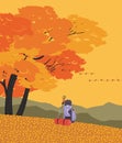 Autumn mountains hiking flat color vector poster