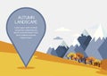 Autumn mountains landscape, background. Pin mapping mark with place for text.