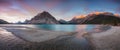 Autumn in the mountains near Bow Lake Banff National Park Alberta Canada Bow Lake panorama reflection with first snow in mountains Royalty Free Stock Photo