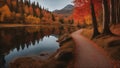 autumn in the mountains A scenic nature landscape of path near lake in autumn. The path is narrow and winding, Royalty Free Stock Photo