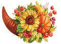 Autumn multicolored bouquet of sunflowers, dry leaves, rowanberry, pumpkins on white background, watercolor illustration Royalty Free Stock Photo