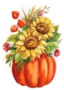 Autumn multicolored bouquet of sunflowers, dry leaves, rowanberry, pumpkins on white background, watercolor illustration Royalty Free Stock Photo