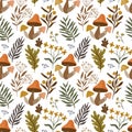 Autumn seamless pattern with seasonal elements, mushrooms and botanicals