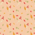 Autumn mushrooms with colorful leaves. Seamless illustration with amanita and toadstools. Fabric, background or