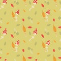 Autumn mushrooms with colorful leaves. Seamless illustration with amanita and toadstools. Fabric, background or