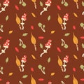 Autumn mushrooms with colorful leaves. Seamless illustration with amanita and toadstools. Fabric, background or