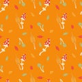 Autumn mushrooms with colorful leaves. Seamless illustration with amanita and toadstools. Fabric, background or