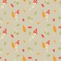 Autumn mushrooms with colorful leaves. Seamless illustration with amanita and toadstools. Fabric, background or