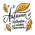 Autumn names of months september, october, november hand drawn vector illustration. Isolated on white background.