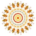 Autumn native flower pretty mandala with leaves, dots, lines. Color folk illustration