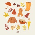 Autumn natural collection. Fall greeting card with umbrella, rubber boots, knitted hat, warm scarf