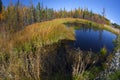 Autumn nature of Alaska. Forest Road, colored mountains and blue sky with clouds. Royalty Free Stock Photo