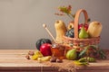 Autumn nature background. Fall fruits and pumpkin on wooden table. Thanksgiving table arrangement Royalty Free Stock Photo