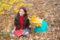 autumn nature. childhood happiness. back to school. kid with workbook. fall season fashion Royalty Free Stock Photo