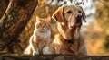 Autumn Nature: Dog and Cat Explore the Woods with Warm Colors.Four-legged friendship in an autumn forest