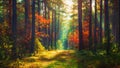Autumn nature landscape of colorful forest in morning sunlight. Royalty Free Stock Photo