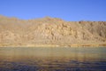 Blue river in autumn with golden mountains background. Nature backdrop