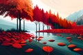 Autumn nature landscape with river, forest and red pine trees, flowing leaves on the water, generative ai Royalty Free Stock Photo