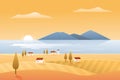 Autumn nature, landscape seashore vector illustration, cartoon autumnal countryside scenery with farm village houses on