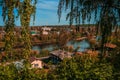 Autumn nature of Perm Krai. Kungur cityscape with houses and the Sylva River. Royalty Free Stock Photo