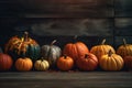season halloween fall pumpkin wood autumn leaf background orange wooden november. Generative AI. Royalty Free Stock Photo