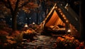 Autumn night, illuminated lantern, tranquil scene, candlelight generated by AI