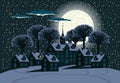Autumn night landscape with cute houses on hill with moon