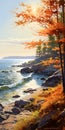 Autumn Beach Scene With Rock Wall: Coastal Scenery In Martin Ansin Style Royalty Free Stock Photo