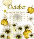 Autumn October calendar with golden leaves Vector. Fall watercolor style decors Royalty Free Stock Photo