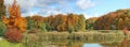 Autumn october sunny day panoramic European landscape with cold lake and golden maple trees on coast