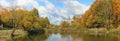 Autumn october sunny day  panoramic European landscape with road  lake and  golden maple forest Royalty Free Stock Photo