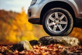 autumn off road with yellow leaves and a car wheel on a stone, beautiful autumn nature Royalty Free Stock Photo