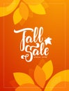 Autumn offer poster with hand lettering of Fall Sale and colorful leaves on orange background Royalty Free Stock Photo